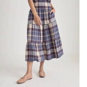 MARINE LAYER Chloe Smocked Maxi Skirt Dusty Blue Plaid Medium